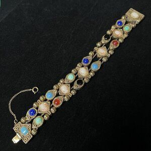 Vintage Goldette Victorian Revival Cameo Bracelet 4 Strand Multicolor Charms